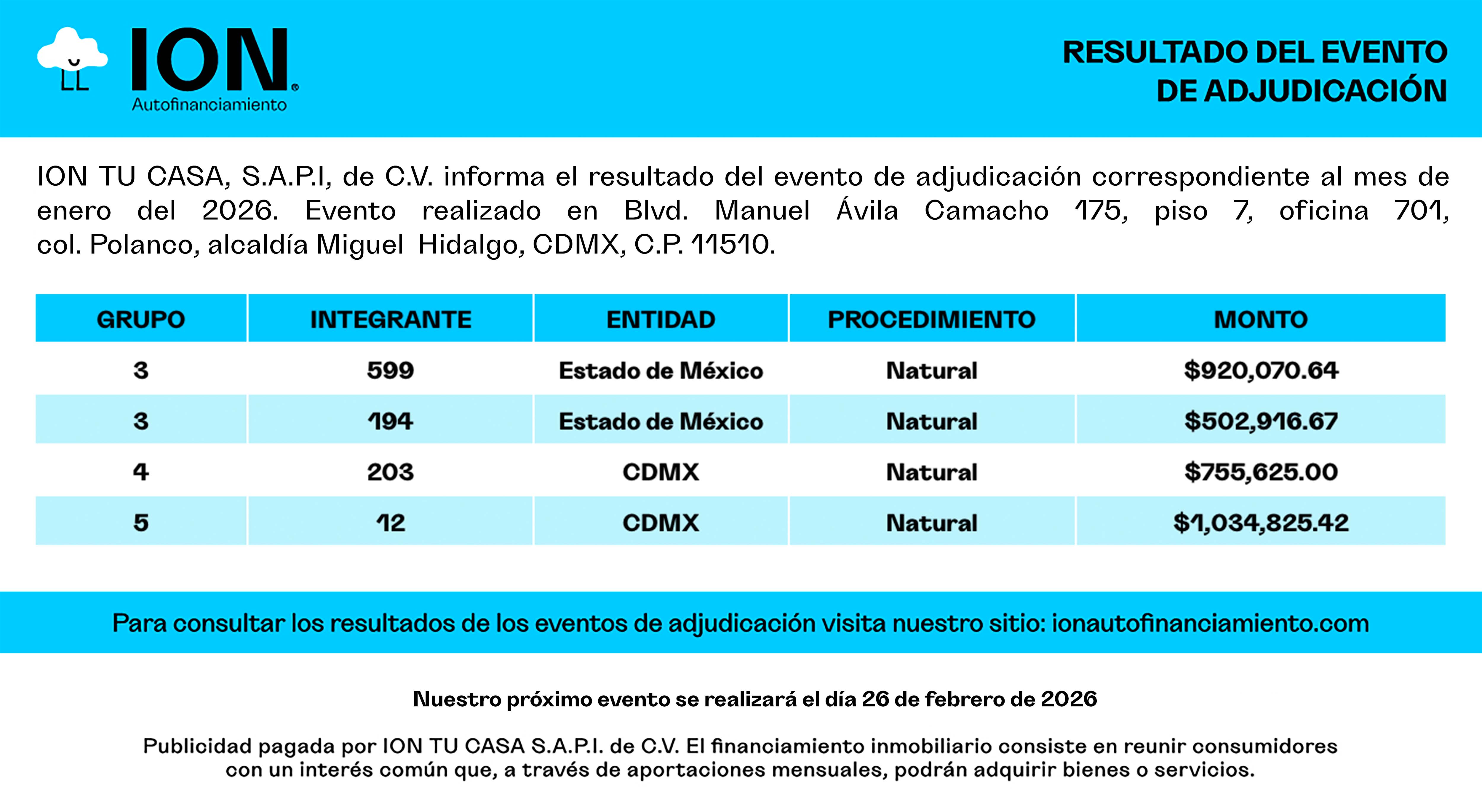 Publicación adjudicación enero 2026